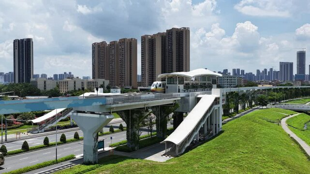 Skyview of BYD SkyRail ,an innovative rubber tired intelligent light monorail transit system in Shenzhen Pingshan, offering flexible, quiet, safe, efficient rail transport between Pingshan