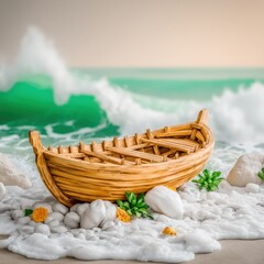 Fototapeta premium Abandoned Wooden Rowboat on a Rocky Beach at Sunset