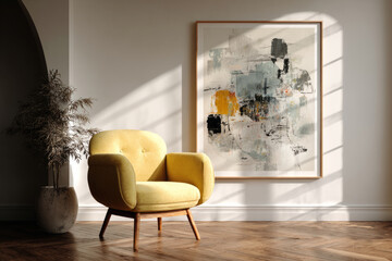 Reading corner with armchair and abstract art on wall