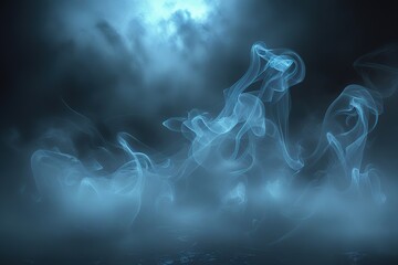 Smoke swirling on a dark black background with abstract motion and soft light effects
