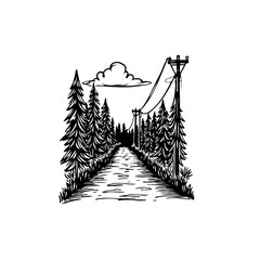 Minimalist Forest Road Illustration with Power Lines and Cloud in Black and White