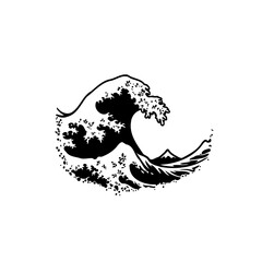 Minimalist Black and White Illustration of a Powerful Ocean Wave with White Background