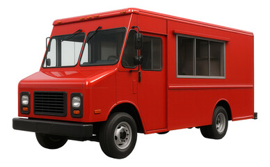 A red food truck with a service window and sleek design, ideal for mobile vending or street food events on transparent background.