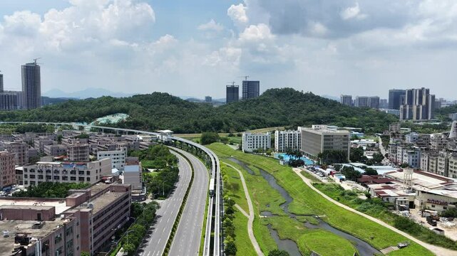 Skyview of BYD SkyRail ,an innovative rubber tired intelligent light monorail transit system in Shenzhen Pingshan, offering flexible, quiet, safe, efficient rail transport between Pingshan