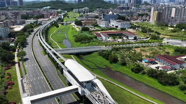 Skyview of BYD SkyRail ,an innovative rubber tired intelligent light monorail transit system in Shenzhen Pingshan, offering flexible, quiet, safe, efficient rail transport between Pingshan