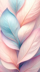 Delicate pastel leaves with smooth pink and blue gradients arranged in a layered composition, evoking calm, beauty, and natural elegance.