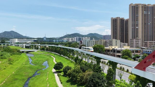 Skyview of BYD SkyRail ,an innovative rubber tired intelligent light monorail transit system in Shenzhen Pingshan, offering flexible, quiet, safe, efficient rail transport between Pingshan
