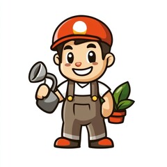 Obraz premium Cartoon gardener character holding watering can and plant pot