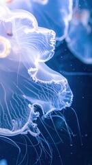 Fototapeta premium Elegant translucent jellyfish with glowing tendrils floating gracefully in dark blue water, capturing the beauty of marine life.