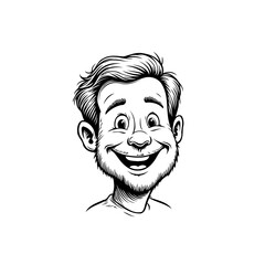 Cheerful cartoon man with a big smile, portrait in black and white vector illustration