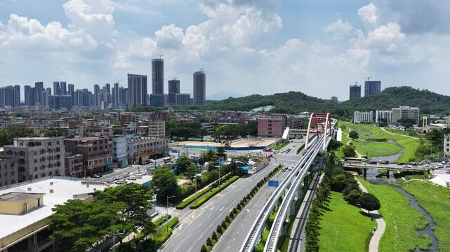 Skyview of BYD SkyRail ,an innovative rubber tired intelligent light monorail transit system in Shenzhen Pingshan, offering flexible, quiet, safe, efficient rail transport between Pingshan