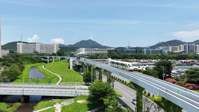 Skyview of BYD SkyRail ,an innovative rubber tired intelligent light monorail transit system in Shenzhen Pingshan, offering flexible, quiet, safe, efficient rail transport between Pingshan