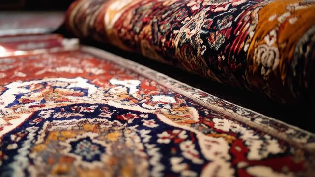 Close-up view of rolled ornate Oriental rugs with intricate patterns and vibrant colors for flooring, decor and warmth in an interior space.