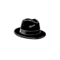 Elegant black and white illustration of a classic fedora hat isolated on white