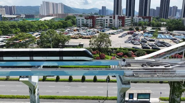Skyview of BYD SkyRail ,an innovative rubber tired intelligent light monorail transit system in Shenzhen Pingshan, offering flexible, quiet, safe, efficient rail transport between Pingshan