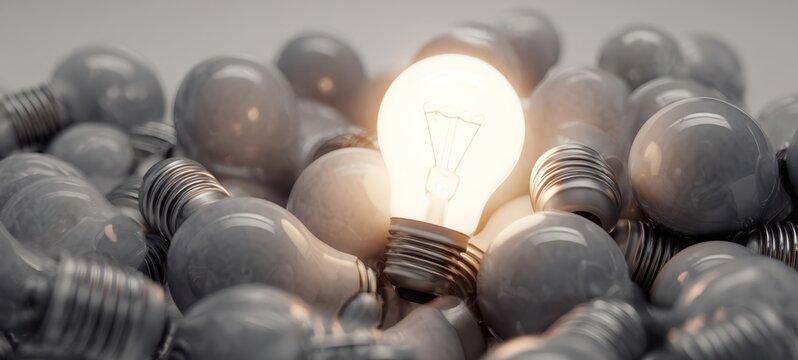 The illuminated lightbulb standing out among others in a unique setting.