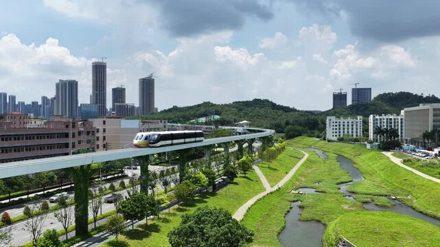Skyview of BYD SkyRail ,an innovative rubber tired intelligent light monorail transit system in Shenzhen Pingshan, offering flexible, quiet, safe, efficient rail transport between Pingshan