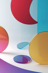 Abstract geometric composition with 3D effect of multi-colored glass and light background, presented in transparent forms.