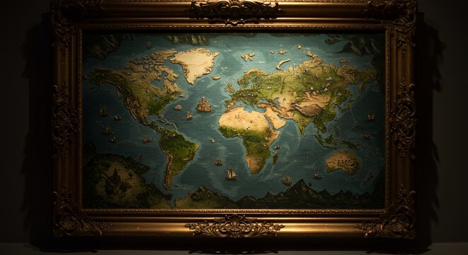 Antique World Map in Gilded Frame: A Journey Through History