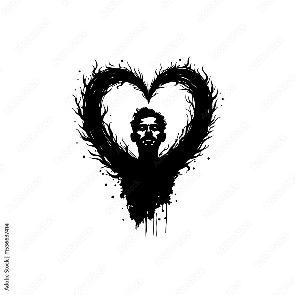 Poster abstract artistic representation of a man in a heart shape with splashy edges