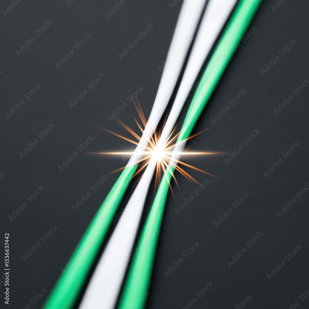 Poster abstract green and white lines intersecting with bright spark on dark background