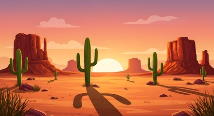 Vector Cartoon Sunset in a  Desert with Cactus and Warm Colors