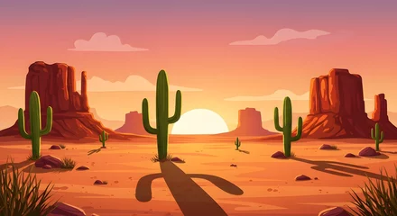 Gordijnen Vector Cartoon Sunset in a  Desert with Cactus and Warm Colors © Nugraha