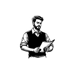 Focused business professional analyzing documents in monochrome vector illustration