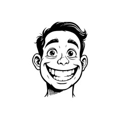 Expressive cartoon portrait showcasing a wide grin and quirky features in black and white
