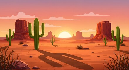 Vector Cartoon Sunset in a  Desert with Cactus and Warm Colors