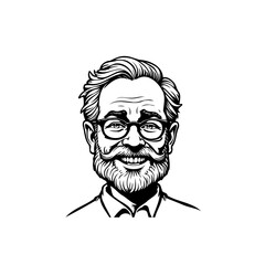 Detailed black and white line art portrait of a smiling senior man with glasses