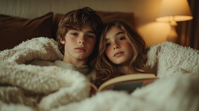 Siblings cozying up in bed, reading