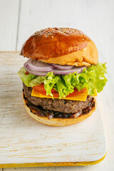 hamburger on a wooden table