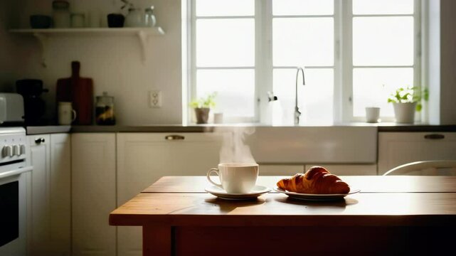 Morning serenity captured in a cozy kitchen with fresh croissant and steaming coffee