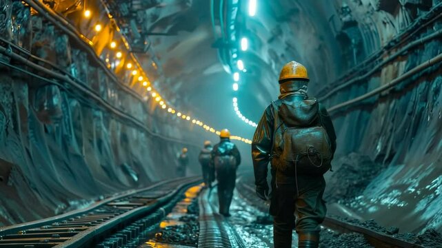 Miners navigate through a dimly lit underground tunnel, their silhouettes highlighted by cold fluorescent light. The challenging environment showcases the tough conditions they endure daily