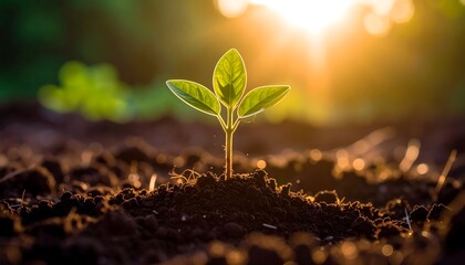 Young plant growing towards the sun with symbol of growth and new life, and macro.