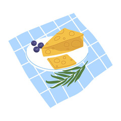 Cheese and blueberry breakfast on tablecloth. Vector icon of rustic morning meal or village brunch. Snack with dairy and fruit. Organic and natural nutrition sign. Handmade product for eating. Cooking