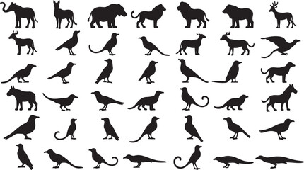 Black vector silhouettes of various running pet animals including a dog, cat, and horse, perfect for icon collections
