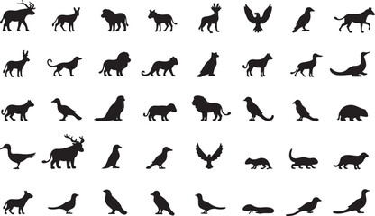 Black vector silhouette animal collection with running cat horse dog deer tiger dinosaur bear lion and farm pets illustration set