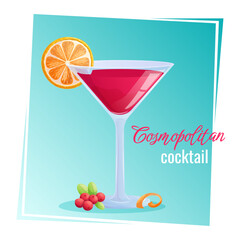 Cosmopolitan cocktail in a glass, orange slices, cranberries, orange peel on a blue background. The concept of a party, cocktail bar, summer. Isolated vector illustration for menu design, posters