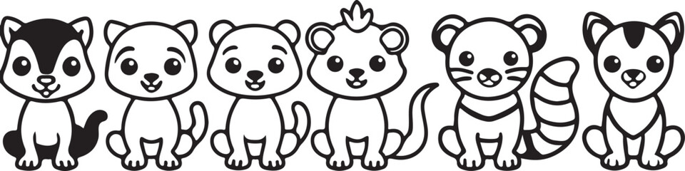 Cute cartoon baby panda character with black and white silhouettes of plants, grass, and flowers vector illustration