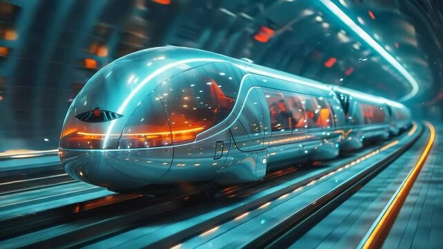 A hyperloop train accelerates rapidly inside a futuristic tube, showcasing its innovative design and electromagnetic propulsion as a glimpse into the future of transportation and sustainability