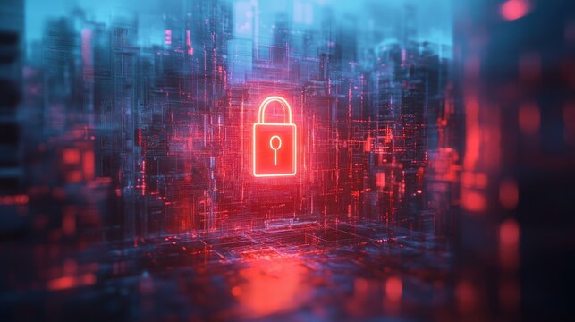 Neon padlock in a futuristic city