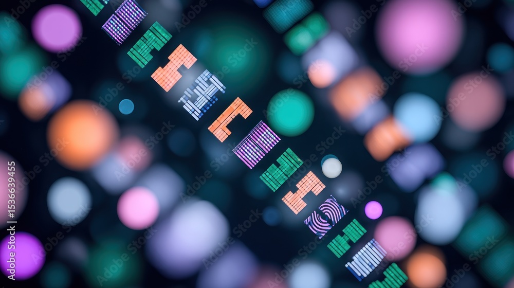 Poster abstract swirling pixel pattern background with colorful bokeh circles