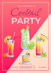 Cocktail party invitation design template . Mojito cocktail, tequila sunrise, oldie fashion, Mai tai. The concept of a party, holiday, birthday. Vector illustration in A4 format