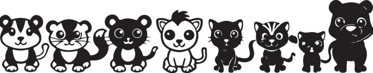 Cute cartoon baby panda bear character illustration with black and white grass silhouette