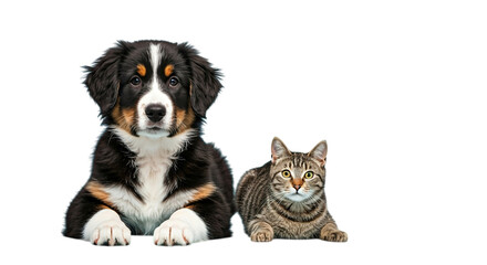 Fototapeta premium A bernese mountain dog puppy and a tabby cat lying next to each other looking at the camera