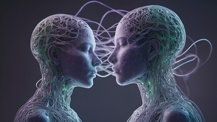 A faceless human merges with cables and data roots in a glowing digital tree. A surreal metaphor for tech addiction and digital overdependence in modern society.