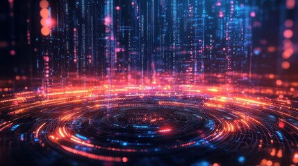 Abstract digital art, glowing circular patterns,  data streams