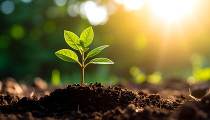 Young plant sprout growing in sunlight with representing growth, nature, and and new life.